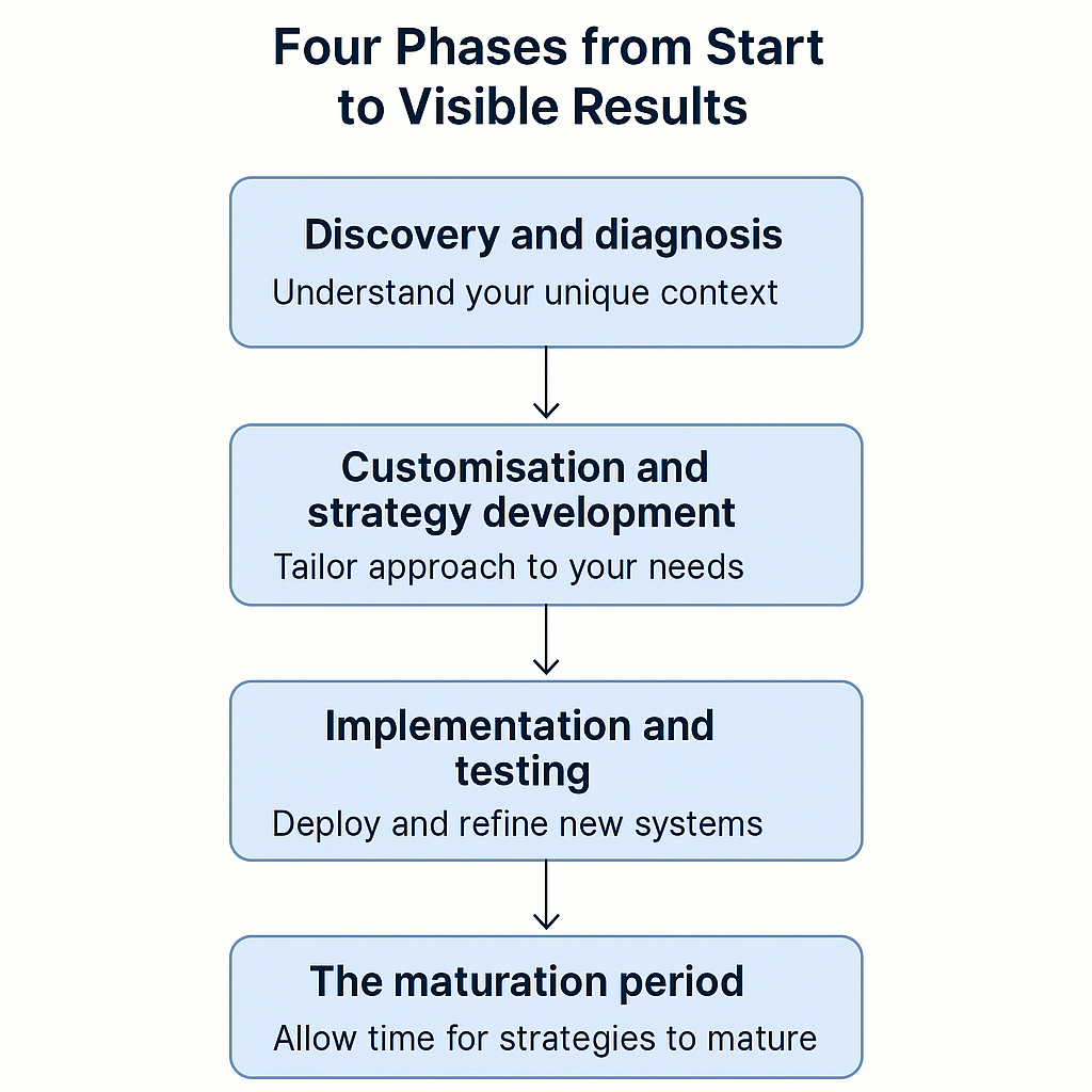 Flowchart showing four phases from start to visible results: discovery, customisation, implementation, and maturation, each with brief descriptions.