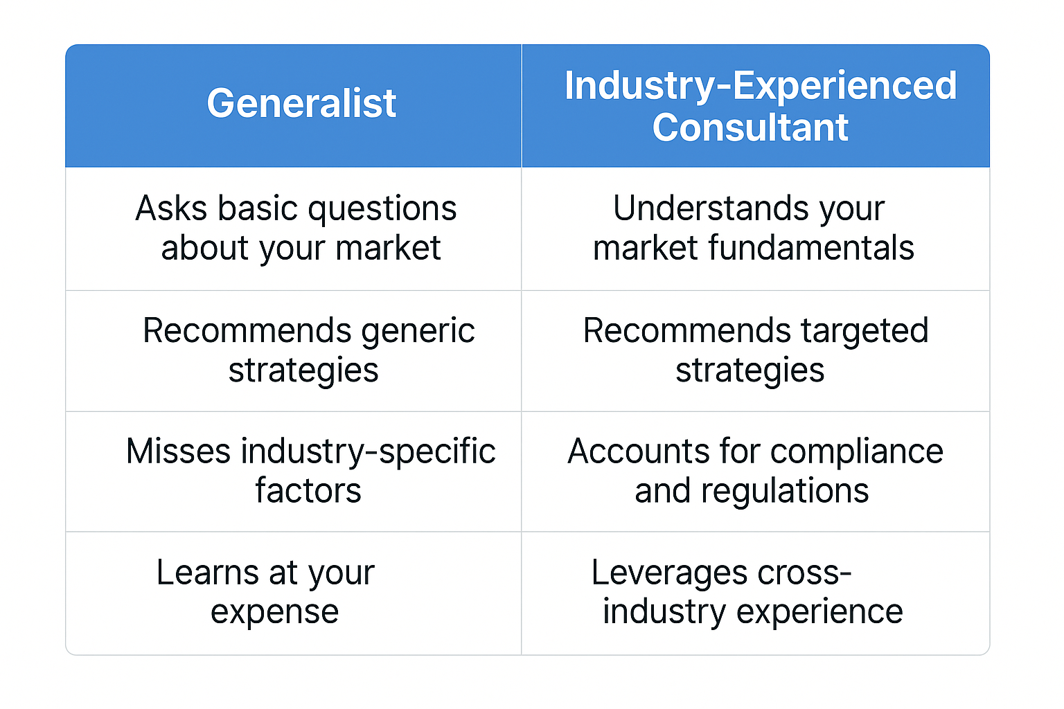 Comparison table titled “Generalist vs Industry-Experienced Consultant” showing differences across four rows: market understanding, strategy specificity, awareness of industry factors, and how each builds knowledge—with the generalist learning at your expense.