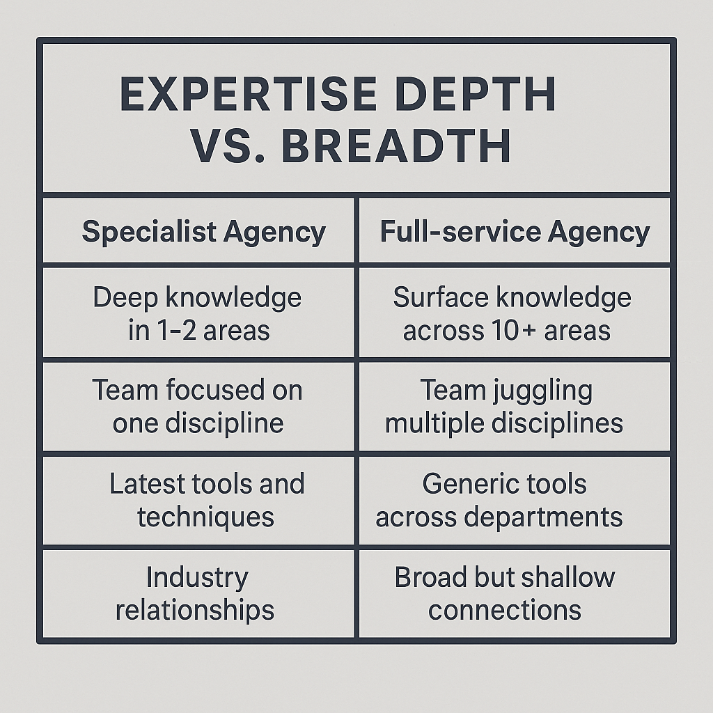 Comparison chart showing specialist agencies with deep knowledge in 1–2 areas, focused teams, latest tools, and strong industry relationships versus full-service agencies with surface knowledge across 10+ areas, juggling teams, generic tools, and shallow connections.