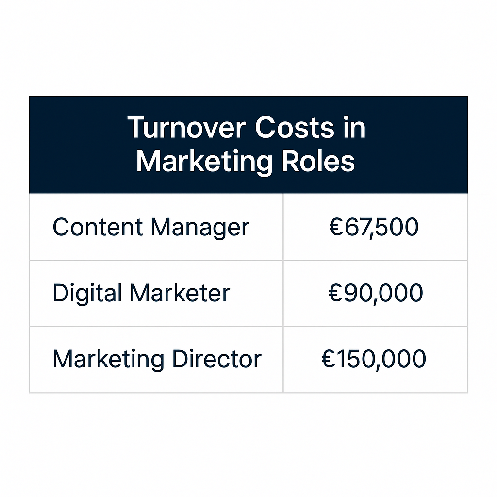 Table showing turnover costs for Content Manager (£67,500), Digital Marketer (£90,000), and Marketing Director (£150,000).