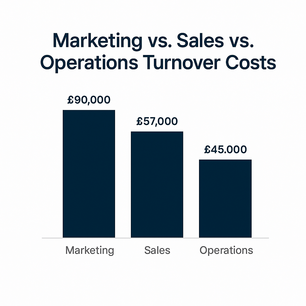 Bar chart comparing turnover costs by department: Marketing (£90,000), Sales (£57,000), and Operations (£45,000).