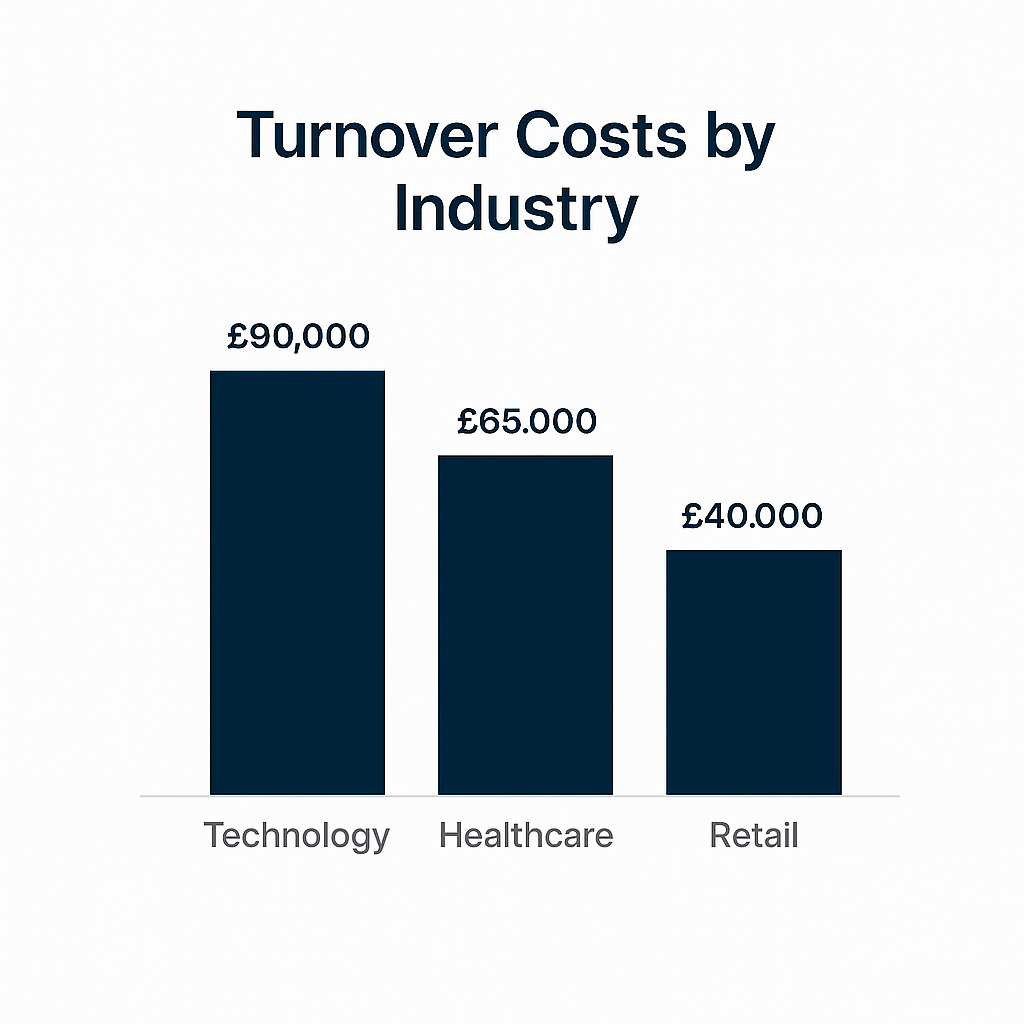 Bar chart comparing turnover costs across industries: Technology (£90,000), Healthcare (£65,000), Retail (£40,000).